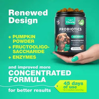 New concentrated formula of dog probiotics with pumpkin powder, enzymes, and fructooligosaccharide for better gut health.