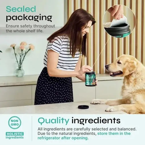 Sealed packaging for calming chews – organic, holistic ingredients and proper storage instructions.