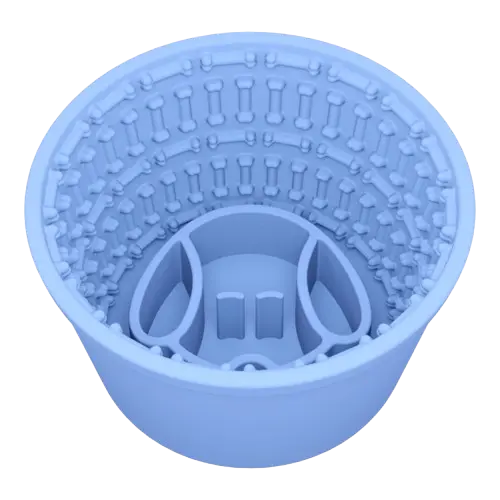 Sky blue silicone slow feeder dog bowl for dogs. Slow feed design for healthy digestion, non-slip base.