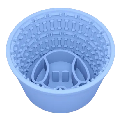 Sky blue silicone slow feeder dog bowl for dogs. Slow feed design for healthy digestion, non-slip base.