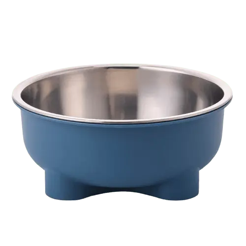 Blue stainless steel dog bowl for food and water with stable base.