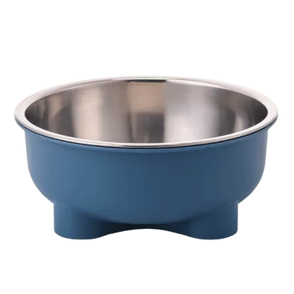 Blue stainless steel dog bowl for food and water with stable base.