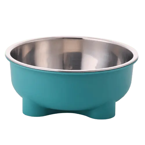 Green stainless steel dog food and water bowl with anti-slip design.