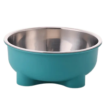 Green stainless steel dog food and water bowl with anti-slip design.