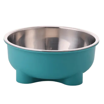 Green stainless steel dog food and water bowl with anti-slip design.