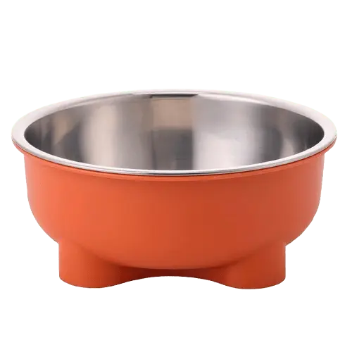 Orange stainless steel dog food and water bowl with non-slip base.