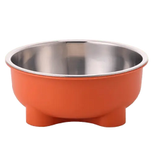 Orange stainless steel dog food and water bowl with non-slip base.