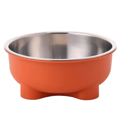 Orange stainless steel dog food and water bowl with non-slip base.