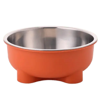 Orange stainless steel dog food and water bowl with non-slip base.