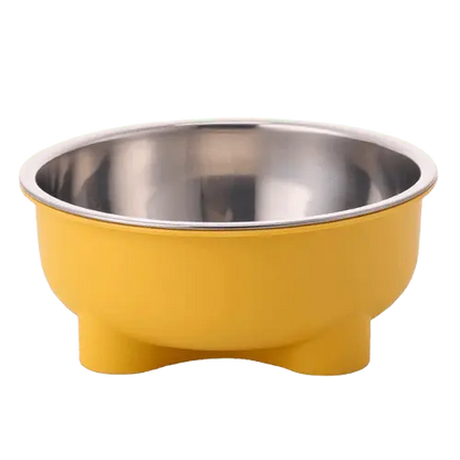 Yellow stainless steel dog bowl for food and water, non-skid base.