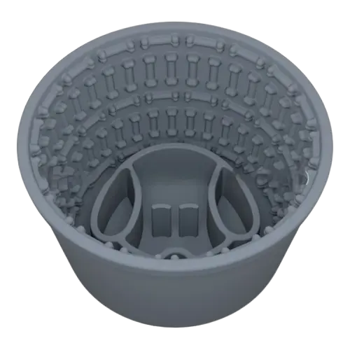 Steel grey silicone slow feeder dog bowl for dogs. Anti-gulping and anti-bloat, non-slip, BPA-free.