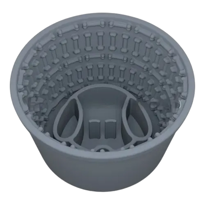 Steel grey silicone slow feeder dog bowl for dogs. Anti-gulping and anti-bloat, non-slip, BPA-free.