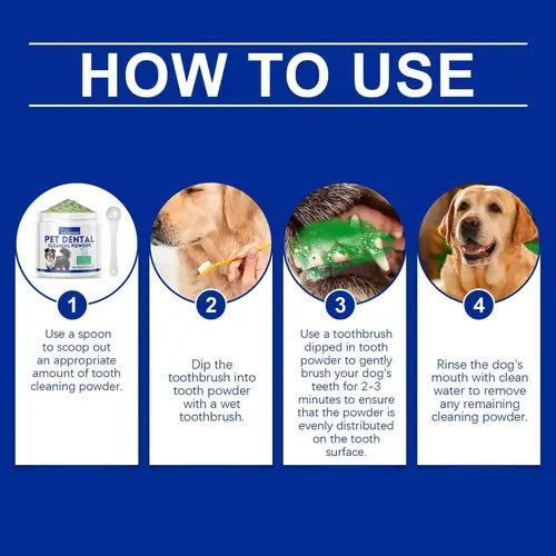 Step by step how to use dog tooth cleaning powder with toothbrush for clean teeth and fresh breath.
