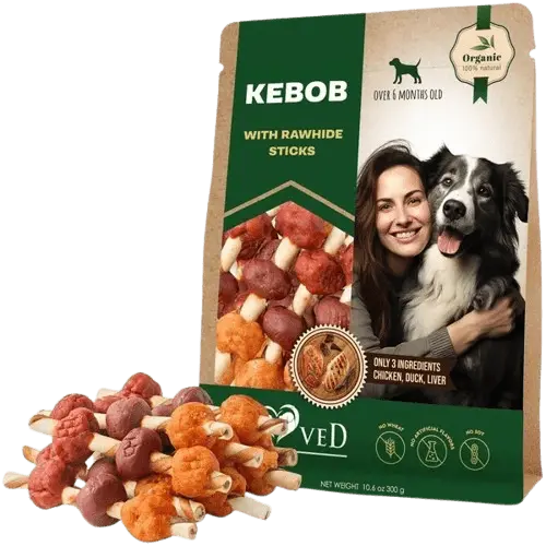 Organic treat sticks for dogs with rawhide, chicken, and duck – perfect for dogs over 6 months.