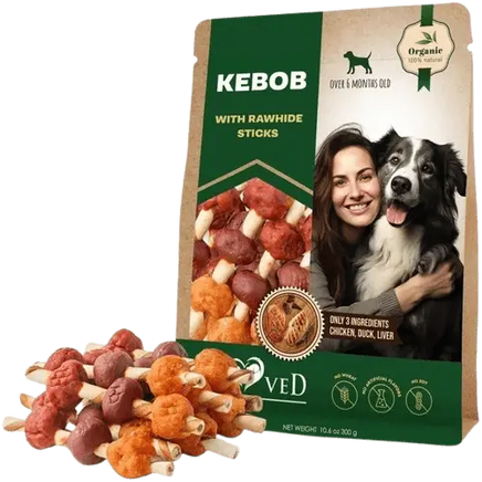 Organic treat sticks for dogs with rawhide, chicken, and duck – perfect for dogs over 6 months.