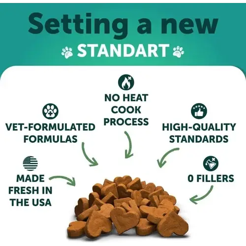 Calming chews for dogs made in the USA with no heat cook process.