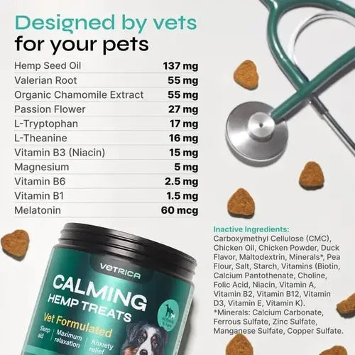 Vet-formulated calming hemp treats with active ingredients like chamomile, valerian root, melatonin, and more.