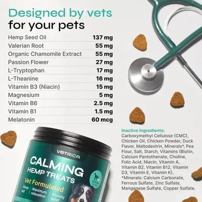 Vet-formulated calming hemp treats with active ingredients like chamomile, valerian root, melatonin, and more.