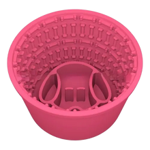 Watermelon pink silicone slow feeder dog bowl for dogs. Anti-gulping and bloat, non-slip base, BPA-free.