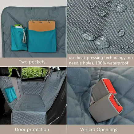 Waterproof pet seat cover installed in a vehicle, offering durability and protection. BUY FOR DOG