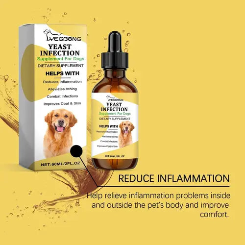 Yeast relief for dogs drops showing reduce inflammation and itchy skin care benefits.