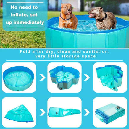 Joyful dog leaping into the Dog Swimming Pool™, demonstrating the pool's capacity for safe, splashy fun and durable, puncture-resistant material.